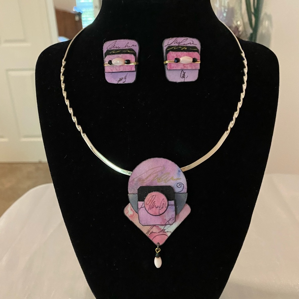 Hand painted Silk Necklace & Earrings by Artist Suzanne Bellows